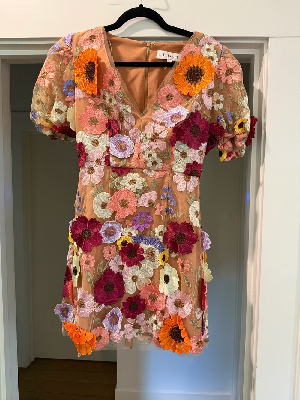 Elliatt Peach Floral Appliqué Party Dress with Multicolor Blooms
